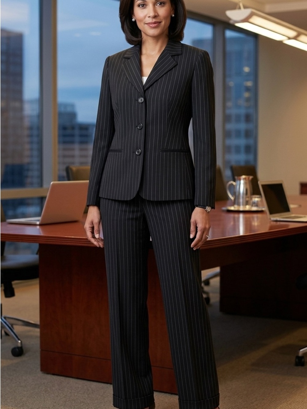Women's Black Pinstripe Tailored Suit Pants - Classic Professional Fit
